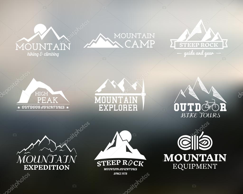 Set of Summer mountain explorer camp badge, logo and label templates. Travel, hiking, climbing style. Outdoor. Best for adventure sites, travel magazine etc. On blurred background. Vector illustration