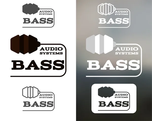 Music audio systems logo, badge, label, logotype, icon. Bass element. Headphones design. In monochtome, colorful, silhouette, line style. Vector — Διανυσματικό Αρχείο