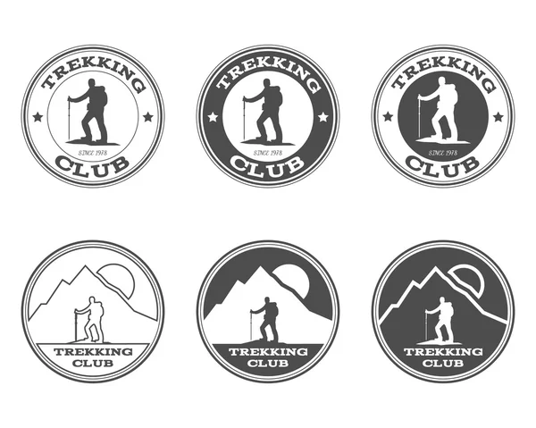 Ensemble de plein air aventure explorateur badge camp, le logo et l'étiquette des modèles monochromes. Trekking club. Meilleur pour les sites, le magazine de voyage. Isolé sur fond. Vecteur — Image vectorielle