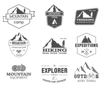 Set of monochrome outdoor adventure explorer camp badge, logo and label templates. Travel, hiking, climbing, trekking style. Best for sites, travel magazine. Isolated on background. Vector