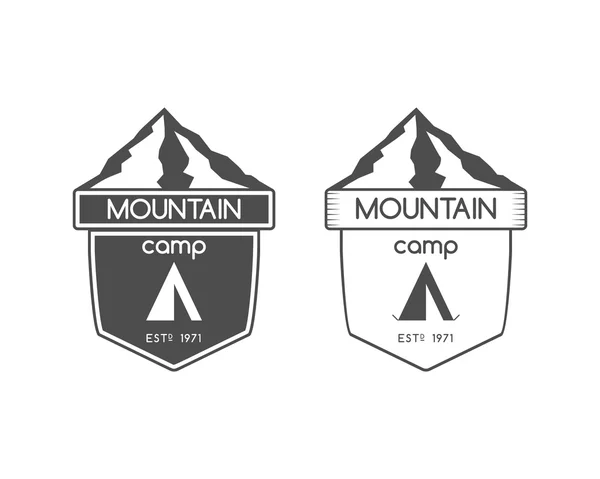 Mountain camp badge, logo and label template. Travel, hiking, climbing style. Outdoor monochrome and line design. Best for adventure sites, travel blogs etc. On white background. Vector — Wektor stockowy