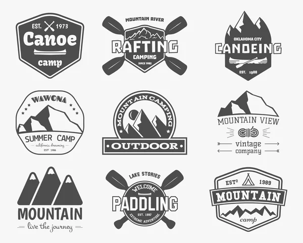 Set of vintage mountain, kayaking, paddling, canoeing camp logo, labels and badges. Stylish Monochrome design. Outdoor activity theme. Best for adventure sites, magazines, web app. Vector — Vetor de Stock