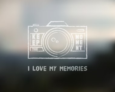 Shutter Icon or logo design template with key words. Camera and Lens badge. Keep the moment label. Isolated on blurred landscape background. Chalk design. Vector illustration