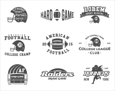 College rugby and american football team badges, logos, labels, insignias in retro style. Graphic vintage design for t-shirt, websites. Monochrome print isolated on a white background. Vector