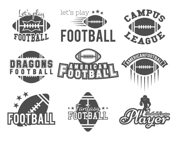 College-Rugby und American Football-Team, uni Abzeichen, Logos, Etiketten, Befähigungen im Retro-Stil. Grafik-Vintage-Design für T-Shirt, web. Monochrom-Druck auf einem weißen Hintergrund. Vektor — Stockvektor