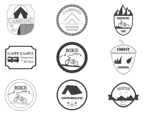Set of retro badges and label logo graphics. Camping badges and travel logo emblems. Mountain bike, rv park, motorhome and forest campsite theme. Vector. — Stock Vector