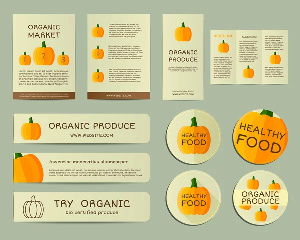 Organic business corporate identity design with pumpkin. Branding your organic company. Brochure. Mock up design. Best for natural shop, organic fairs, eco markets and local companies. Vector — 图库矢量图片