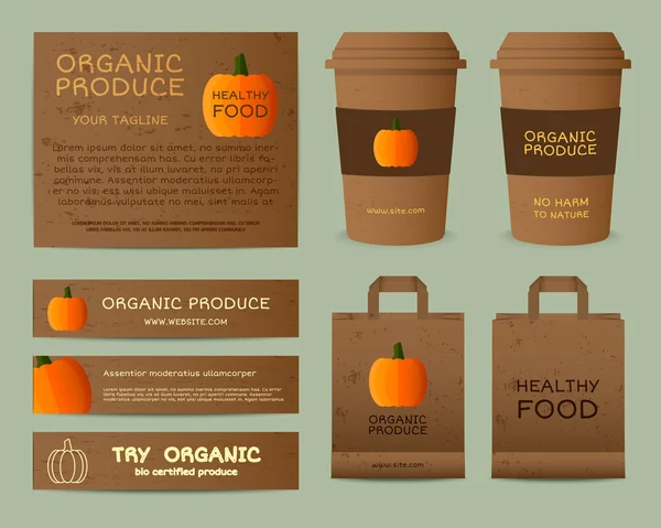 Natural business corporate identity design with pumpkin. Branding your organic company. Paper bag, cup. Mock up design. Best for natural shop, organic fairs, eco markets and local companies. Vector — Archivo Imágenes Vectoriales