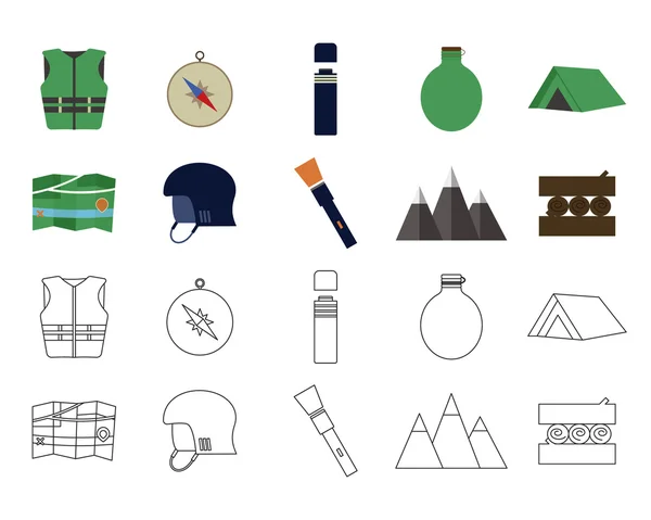 Set of flat adventure traveling icons. Camping elements. Flat and thin line design. Outdoor activity style. Hiking, backpacking and mountain tourism. Vector — Stok Vektör