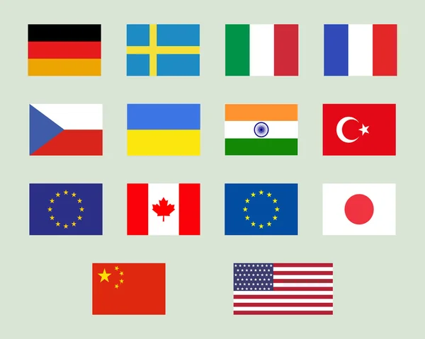 Set of european union, usa, ukraine, china, japan, canadam india flags. Original proportions and official colors. Vector — ストックベクタ