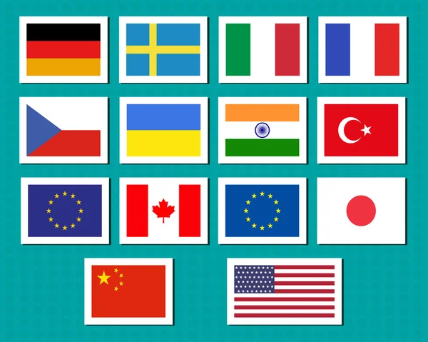 Set of european union, usa, ukraine, china, japan, canadam india flags stickers and labels with shadow. Original proportions and official colors. Vector — Archivo Imágenes Vectoriales