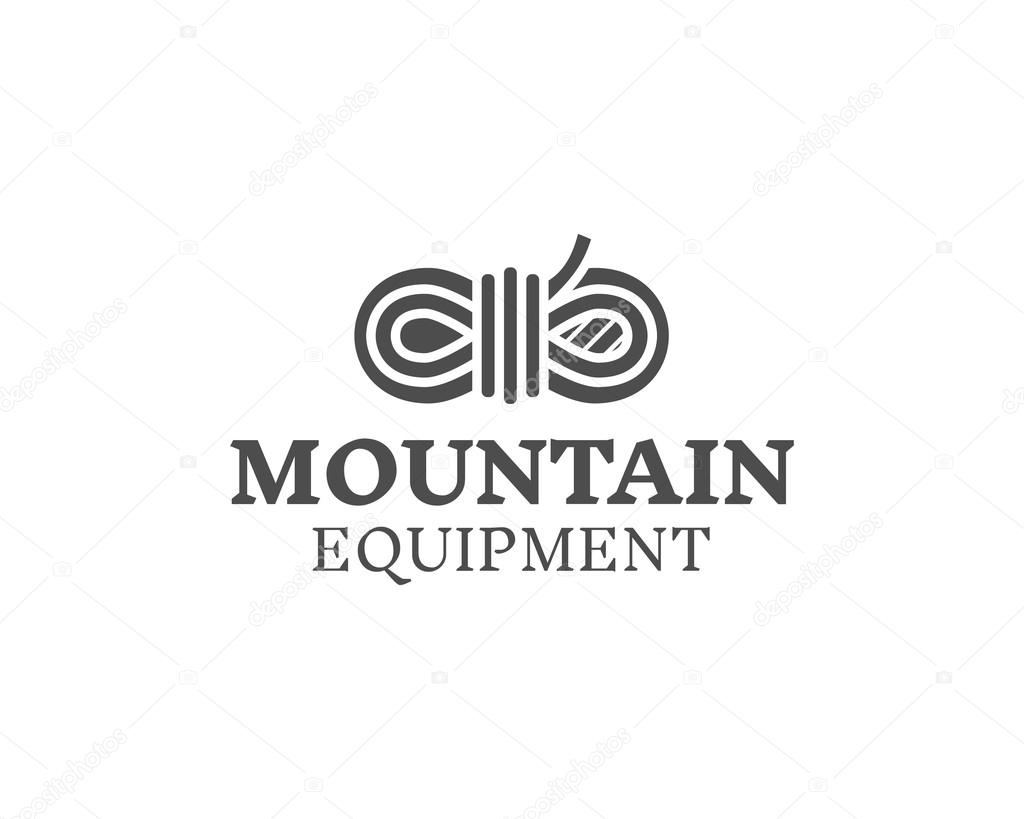Mountain equipment badge, outdoors logo, emblem and label. Explorer concept, monochrome design. Best for travel sites, web app, adventure shops. Easy to change color. Vector.