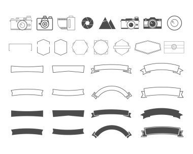 Photography vintage and retro symbols, ribbons, frames, elements. Make your own icons, badges, labels set. Vector camera logo templates.