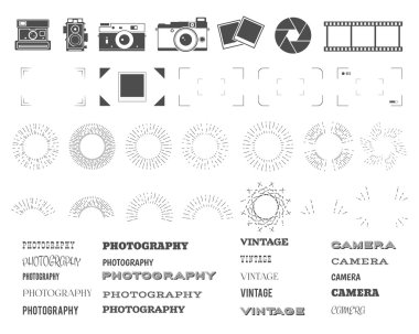 Photography vintage and retro symbols, ribbons, frames, sunburst elements. Make your own icons, badges, labels set. Vector old camera logo templates. Illustration
