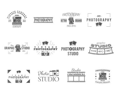Vintage Textured Photography Badges, Labels. Monochrome design with stylish cameras and elements. Retro style for photo studio, photographer, equipment store. Signs, logos. Vector