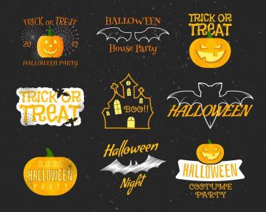 Set Of Vintage Happy Halloween Badges, Labels, Logos. Halloween funny Set. Bat, pumpkin, Flat Icons and Other Elements. Vector. Cute Halloween Characters.