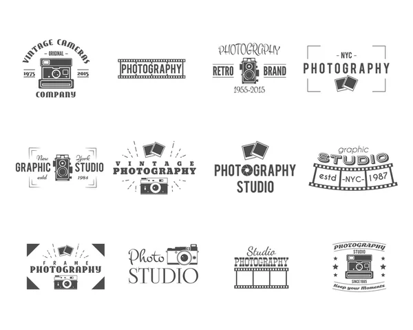 Vintage Photography Badges, Labels templates. Monochrome design with stylish cameras and elements. Retro style for photo studio, photographer, equipment store. Signs, logos. Vector