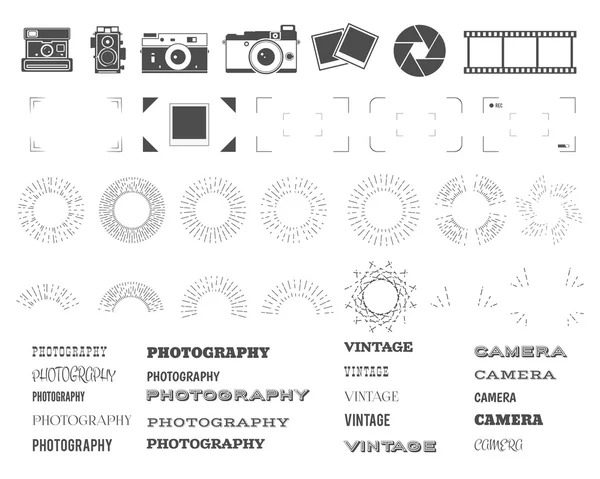 Photography vintage and retro symbols, ribbons, frames, sunburst elements. Make your own icons, badges, labels set. Vector old camera logo templates. Illustration