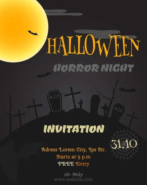 Gelukkig Halloween partij poster, flyer, banner. Horror nacht stijl kaart. Trick or treat. Met zombie, vleermuizen maan en andere elementen van halloween. Vector — Stockvector
