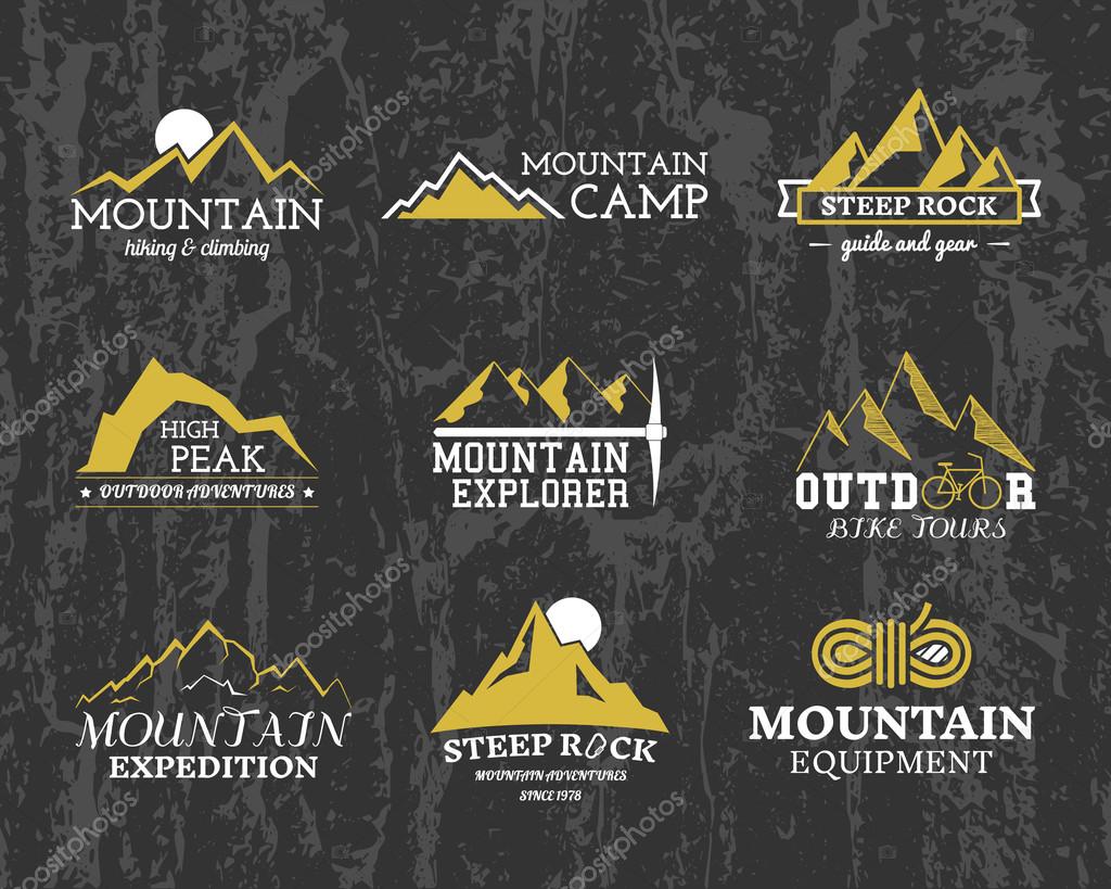 Set of Summer winter mountain explorer camp badge, logo and label templates. Travel, hiking, climbing style. Outdoor. Best for adventure sites, travel magazine. On textured wood background. Vector