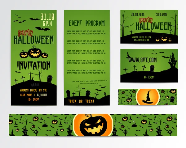 Conjunto del Feliz Halloween tarjetas de felicitación, folleto, bandera. Ilustración de vector. Diseño de invitación fiesta con emblema. Plantilla tipográfica. sello de Halloween diseño de cubierta. Noche de terror. — Vector de stock