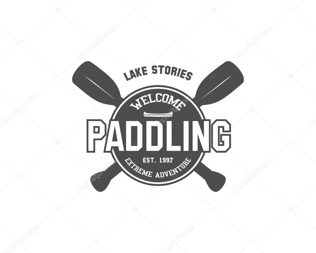 Vintage paddling, kayaking, canoeing camp logo, labels and badges. Stylish Monochrome outdoor design. Outdoor activity theme. Can be use for camp, equipment store. Vector illustration