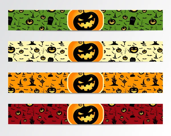 Vier Halloween banners met groene, rode, heldere en oranje ontwerpen. Kan worden gebruikt op het web, afdrukken. Als uitnodiging, flyer kaart, halloween poster enz. Mooi design voor viering. Vector. — Stockvector