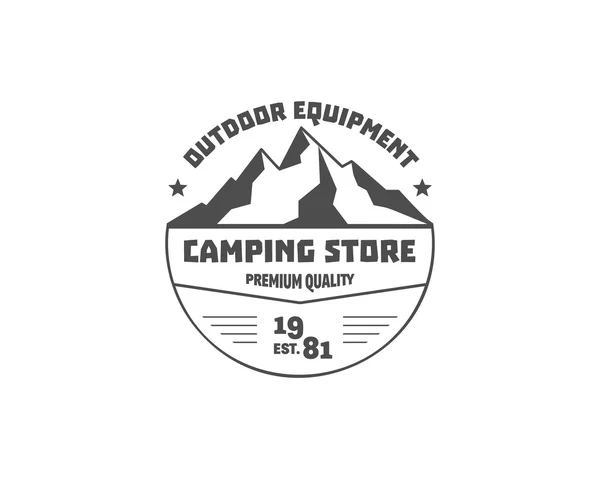 Vintage mountain camping store badge, outdoor logo, emblem and label. Hiking, climbing concept, monochrome design. Best for travel sites, adventure magazines. Easy to change color. Vector — Stock Vector