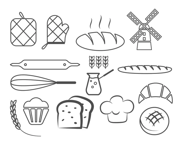 Set of bakery line icons and design elements, symbols. Fresh bread, cakes logo templates. Monochrome vintage style. Cupcake emblem. Vector — Stock Vector