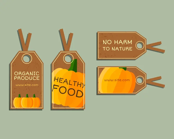 Organic farm corporate identity design with pumpkin. Branding your eco shop, company. Stickers. Mock up design. Best for natural shop, organic fairs, bio markets and local companies. Vector - Stok Vektor