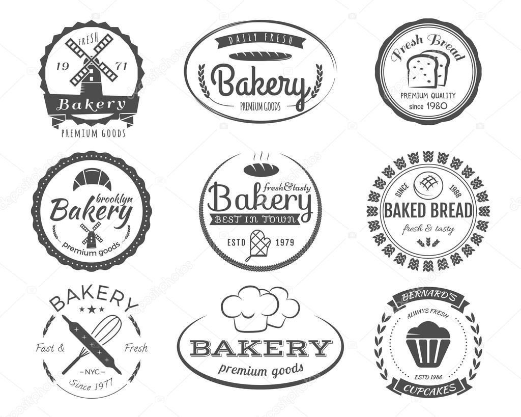 Set of bakery labels, badges and design elements, symbols. Fresh bread, cakes logo templates. Monochrome vintage style. Cupcake emblem. Vector