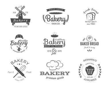 Set of bakery labels, icons, badges and design elements, symbols. Fresh bread, cakes logo templates. Monochrome vintage style. Cupcake emblem. Can be use for cafe, shop. Vector