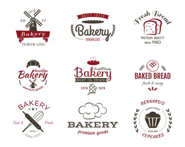 Set of bakery labels, icons, badges and design elements, symbols. Fresh bread, cakes logo templates. 2 Color vintage style. Cupcake emblem. Vector