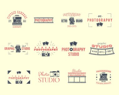 Vintage Textured Photography Badges, Labels. 2 Retro Colors design with stylish cameras and elements. Old style for photo studio, photographer, equipment store. Signs, logos. Vector