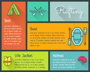 Flat design vector infographics of kayaking, canoe equipment with text and icons, emblems. Cute style for web, mobile app, long shadow. Outdoor adventure and travel theme.