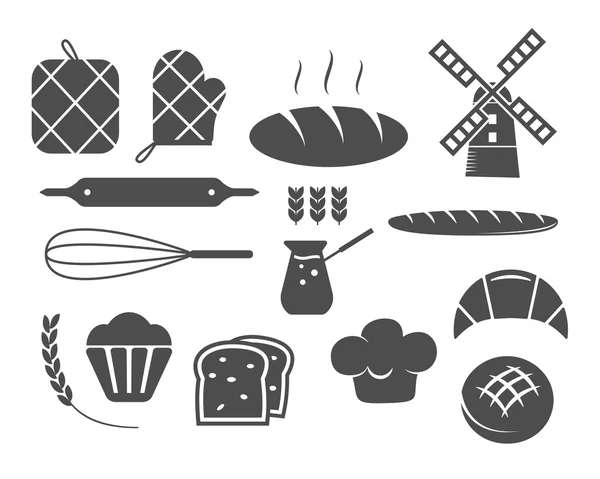 Set of bakery silhouette icons and design elements, symbols. Fresh bread, cakes logo templates. Monochrome vintage style. Cupcake emblem. Vector — Stock Vector