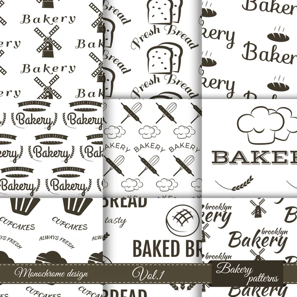 Set of bakery seamless patterns. Vector bake backgrounds with cooking elements. Fresh bread, desserts and other symbols for branding your business. — 스톡 벡터