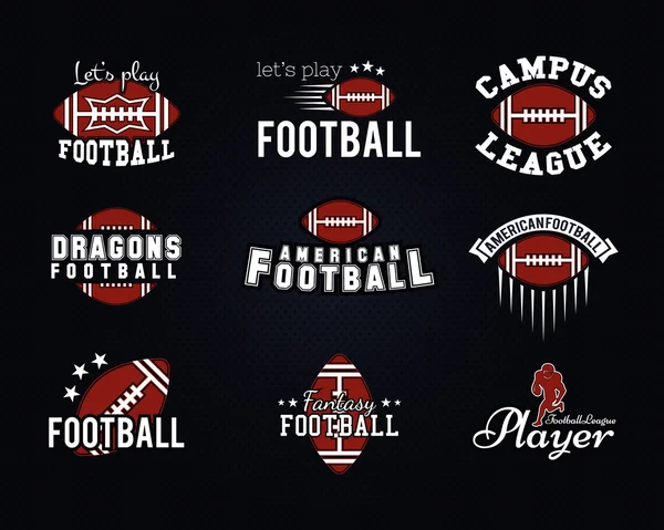 American football team, college badges, logos, labels, insignias, icons in retro style. Graphic vintage design for t-shirt, web. Color emblems isolated on a dark dotted halftone background. Vector — Vector de stock