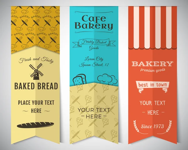 Bakery shop and cafe vertical banners collection. Stickers set with fresh bread, windmill icons, logos, labels. Stylish color design. Can be use in web or typography print. Vector — Διανυσματικό Αρχείο