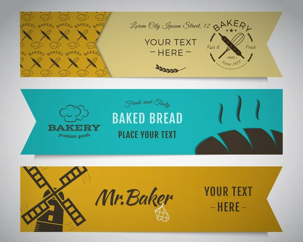 Bäckerei und Lebensmittel Banner Sammlung. Aufkleber-Set mit frischem Brot, Windmühle Icons, Logos, Etiketten. Stilvolle Farbgestaltung. Kann die Verwendung in Web oder Typografied sein. Vektor — Stockvektor