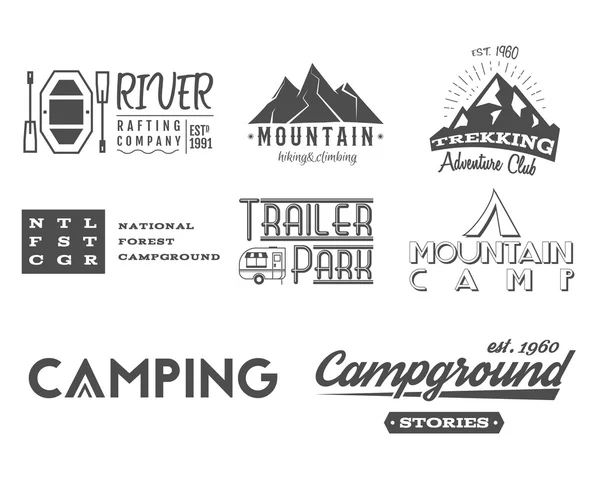 Set of retro badges and label logo graphics. Camping, mountain emblems and travel, RV insignia. Monochrome vintage design. Family, canoe campsite, equipment shop etc. Vector — Archivo Imágenes Vectoriales