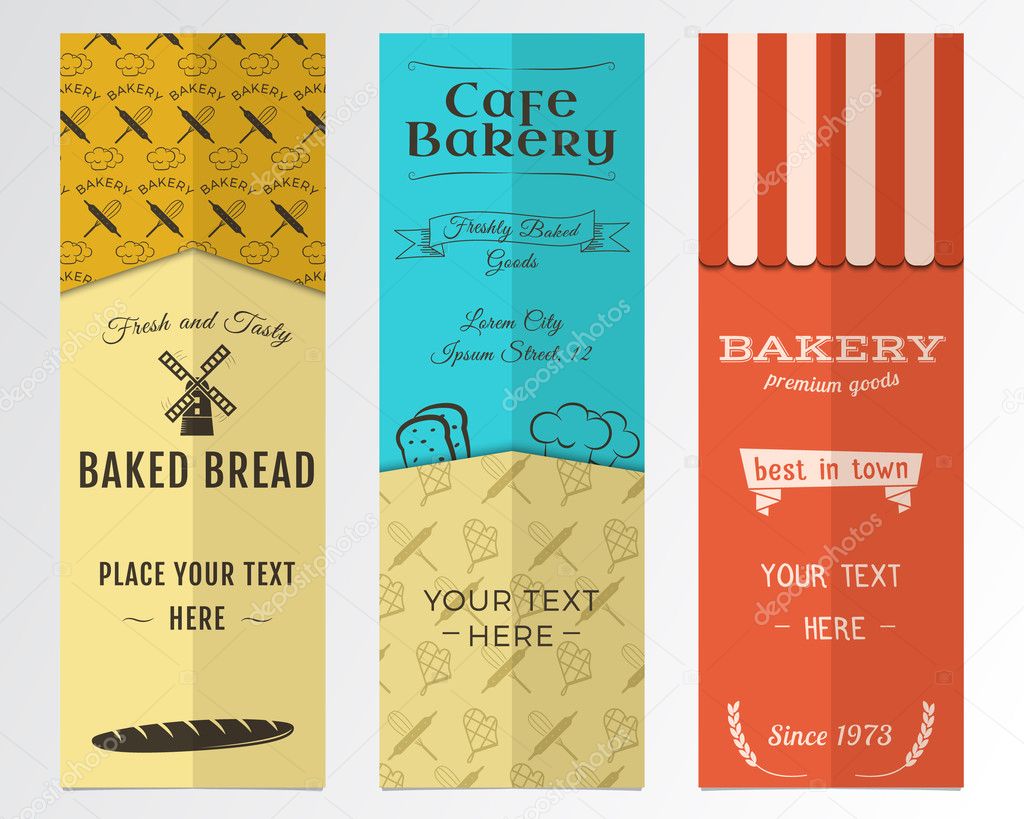 Bakery shop and cafe vertical banners collection. Banner set with fresh bread, windmill icons, logos, labels. Stylish color design. Can be use in web or typography print. Vector