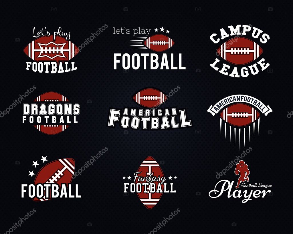 American football team, college badges, logos, labels, insignias, icons in retro style. Graphic vintage design for t-shirt, web. Color emblems isolated on a dark dotted halftone background. Vector.
