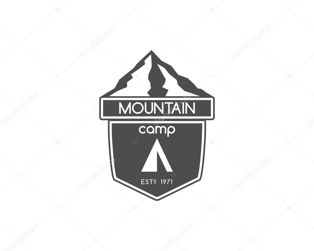 Vintage travel mountain camping badge, outdoor logo, emblem and label. Monochrome design. Tent and text conept. Easy to change color. Vector illustration