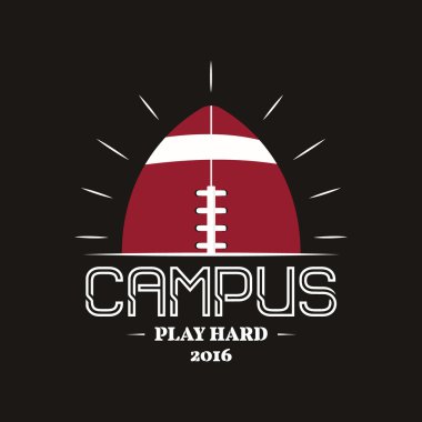 American football campus logotype, emblem, label, insignia in retro color style. Graphic vintage logo design for t-shirt, web. Colorful print isolated on a dark background. Vector