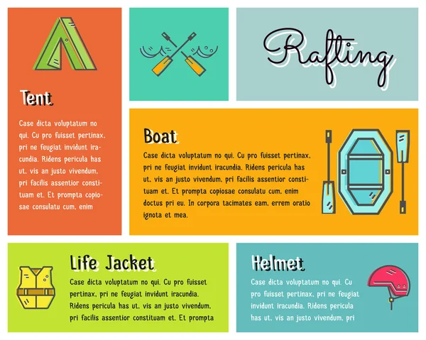 Flat design vector infographics of kayaking, canoe equipment with text, icons, emblems. Cute drawing style for web, mobile app, long shadow. Outdoor adventure and travel theme. — Stock Vector