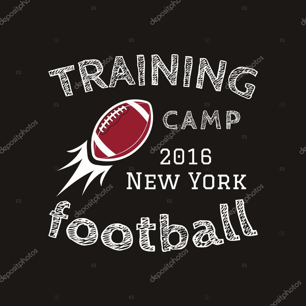 American football training camp logotype, emblem, label, badge in retro color style. Graphic vintage logo design for t-shirt, web. Colorful print isolated on a dark background. Vector illustration