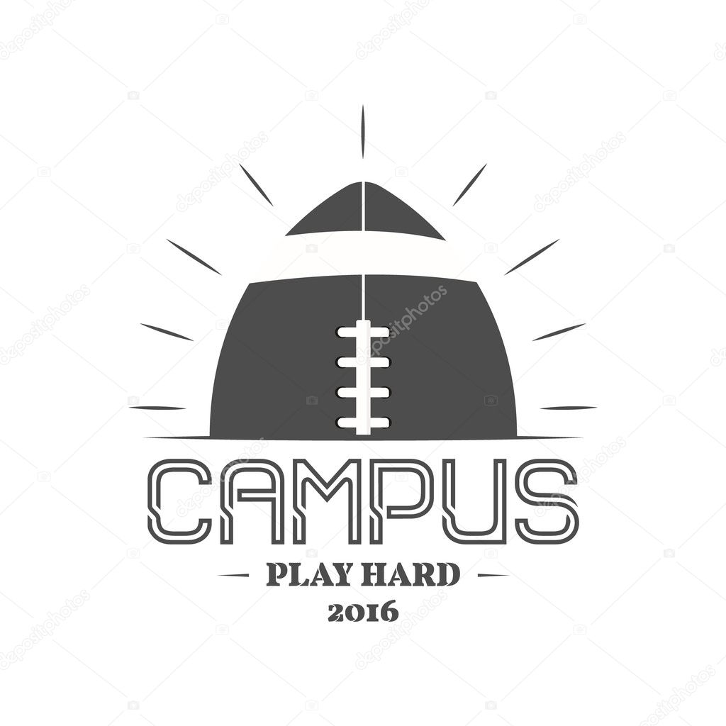 American football campus logotype, emblem, label, insignia in retro color style. Graphic vintage logo design for t-shirt, web. Monochrome print isolated on a dark background. Vector illustration