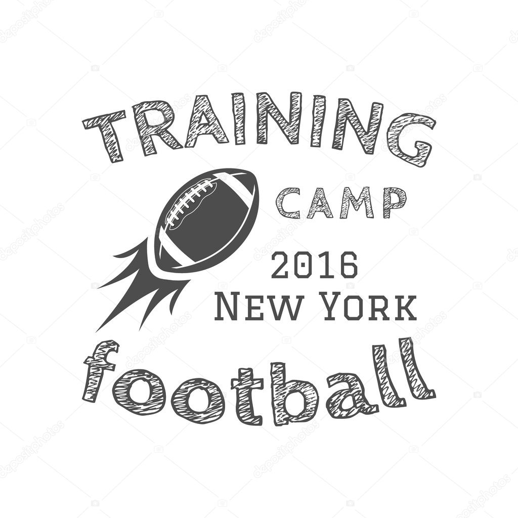 American football training camp logotype, emblem, label, badge in retro color style. Graphic vintage logo design for t-shirt, web. Monochrome print isolated on a dark background. Vector illustration