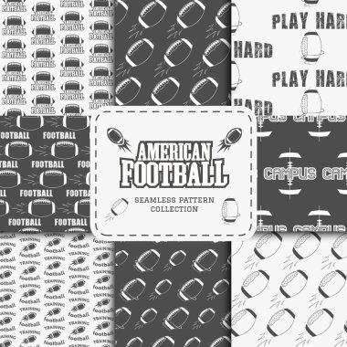 College american football team seamless pattern collection in retro style. Graphic vintage design for league tournaments, t-shirt, websites. Sports print on a blue background. Vector